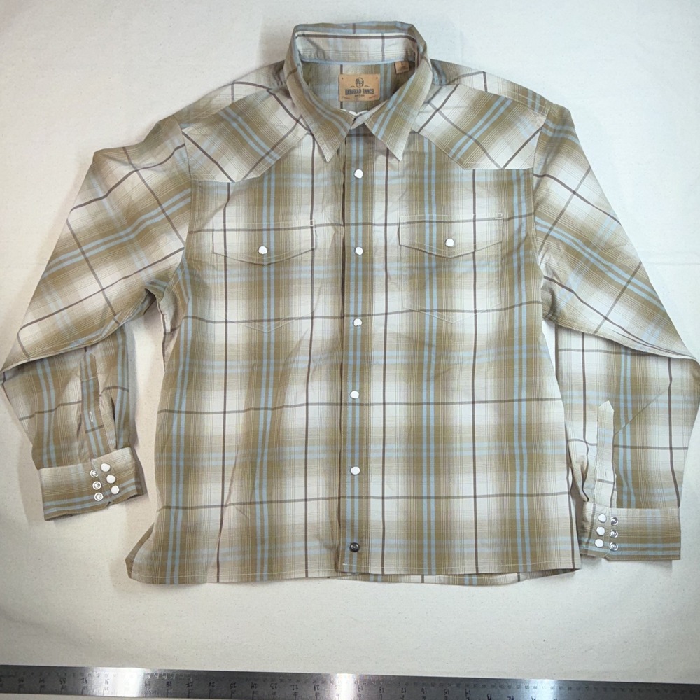 RedHead Ranch Men's L Regular Plaid Long Sleeve Button-Up Shirt Pockets Tan Blue
